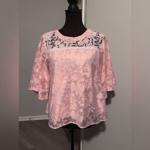 Pinky Blush Pink Floral Lace overlay Bell Sleeve Blouse Boho Cottagecore Top M